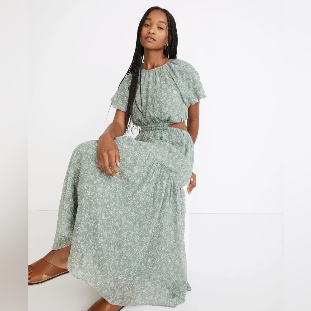 Madewell Seersucker Puff-Sleeve Cutout Midi Dress in Piazza Floral - Picture 2 of 6